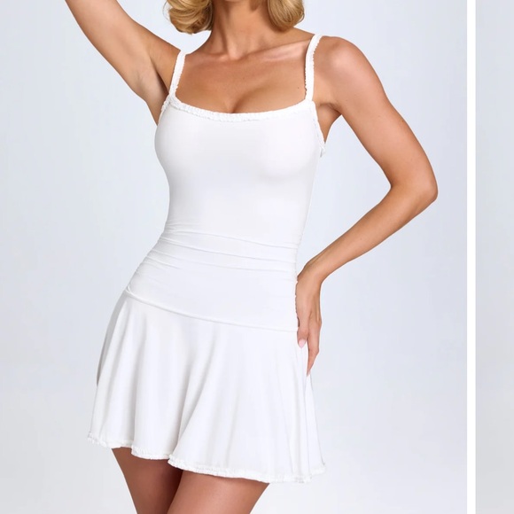 Lace-Trim Ruched Mini Dress in White - Picture 1 of 7